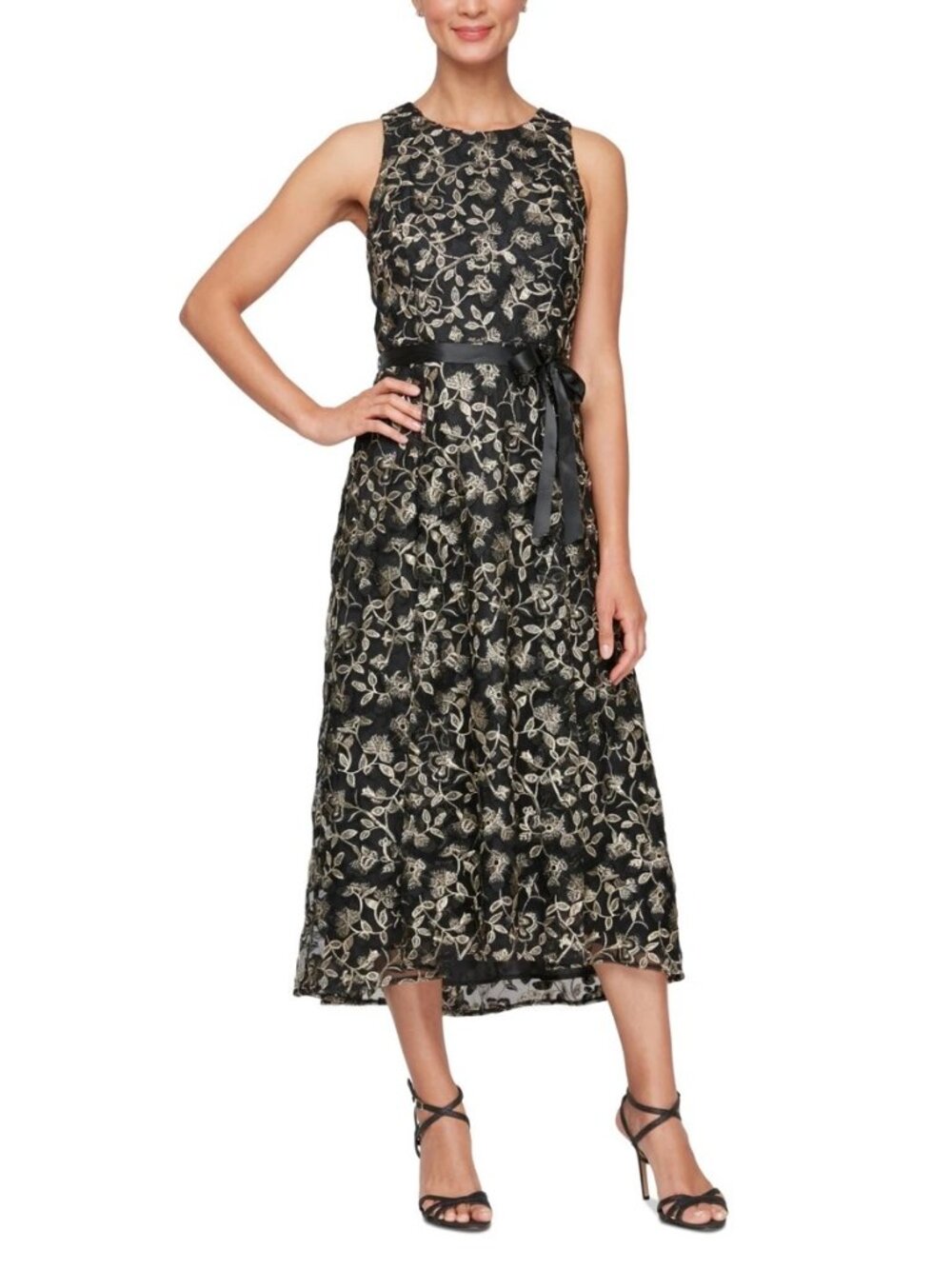 $199 Alex Evenings Black & Gold Floral Embroidered Sleeveless Midi Dress Size 16
